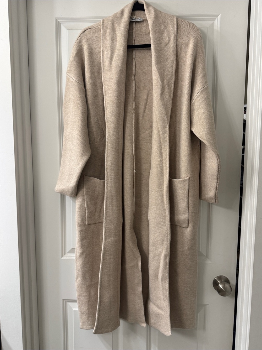 MANGO Beige Open-Front Knit Long Cardigan Sweater